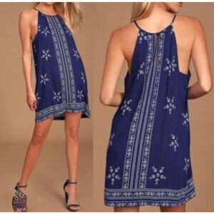 Lulus Mediterranean Sea Printed Keyhole Back Halter Mini Dress Navy Medium